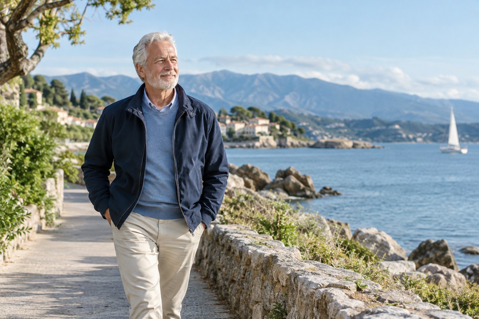 An older man enjoying a walk along the waterfront